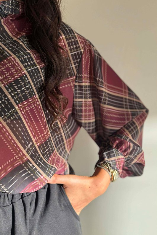 Ainsley Plaid Chiffon Blouse Burgundy